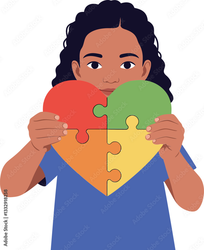Poster child holding a colorful puzzle heart showing connection and unity in flat vector art