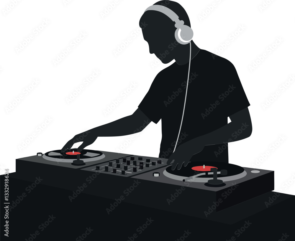 Poster dj mixing music on turntables in a minimal vector illustration with vibrant colors and dynamic shape