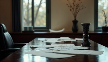 Fototapeta premium Office desk with scattered documents and a silver candlestick on a calm afternoon 