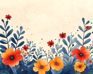 Colorful watercolor illustration of various flowers and foliage elements