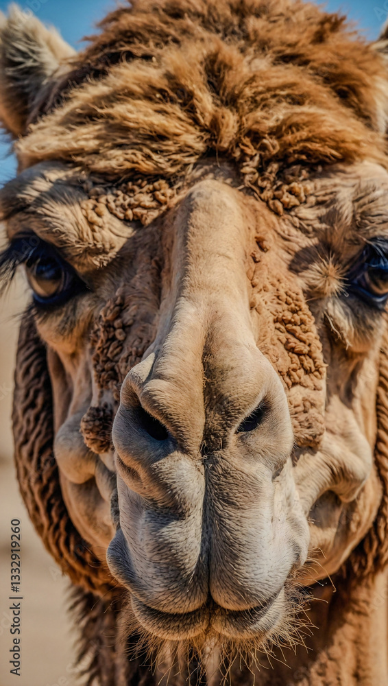 Poster close-up portrait of a camel, highlighting its features and textures