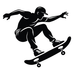 Stylish Skateboarder Silhouette Illustrations, Skateboarder in Action Silhouette Vector with Trick