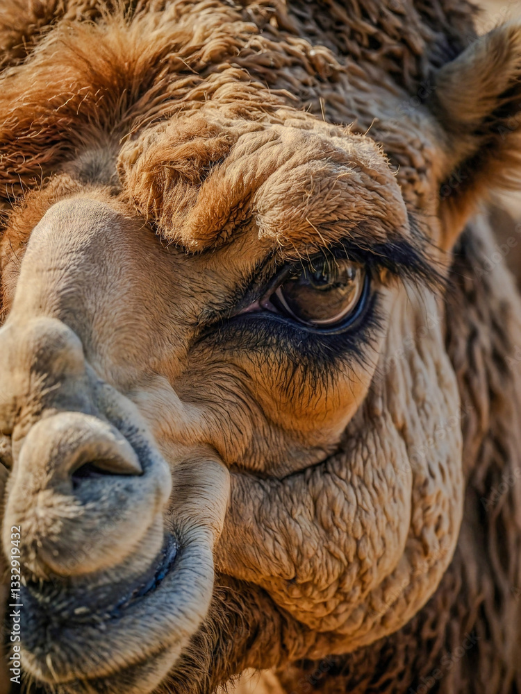 Poster close-up portrait of a camel, highlighting its features and textures
