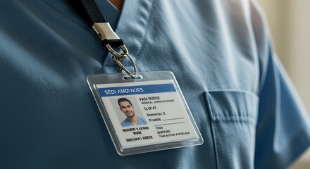 Nurse Wearing Id Badge, Closeup of Identification in Hospital Setting