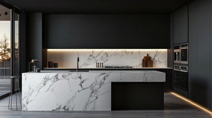 Modern Luxury Kitchen Design: Sleek Black and Marble Interior