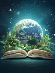 Open Book Displaying Earth and Growing Plants Under Starry Night