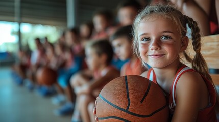A young girl sits on a bench holding a basketball as she watches the game
