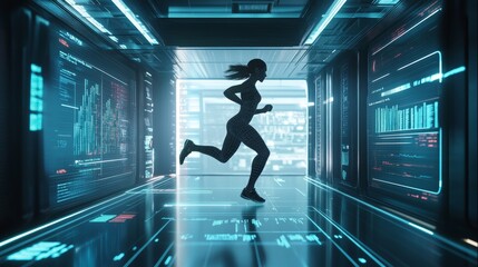 Holographic fitness coach utilizes advanced technology to lead an engaging, immersive virtual workout session in a state-of-the-art high tech gym setting