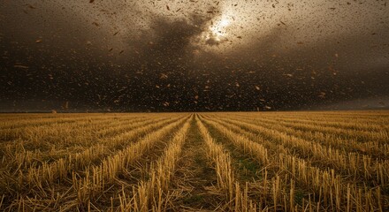 Flying Locust Swarm Over Harvested Grain Field with Dramatic Sky