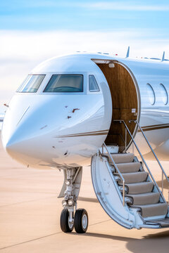 A luxurious rich modern private jet airplane with open door and stairs leading to the cabin 