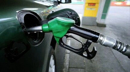 Green fuel nozzle inserting into car fuel tank.