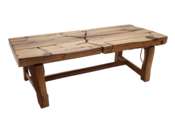 Rustic wooden coffee table design home interior furniture natural aesthetic close-up view, isolated on white or transparent background