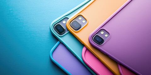 Multicolored bright silicone cases for smartphones lie in a stack. An assortment of protective phone cases.