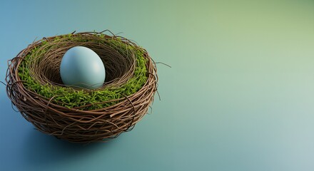Nesting bowl with a blue egg surrounded by green moss, conveying a sense of renewal and tranquility, representing the theme of new beginnings in a serene blue background