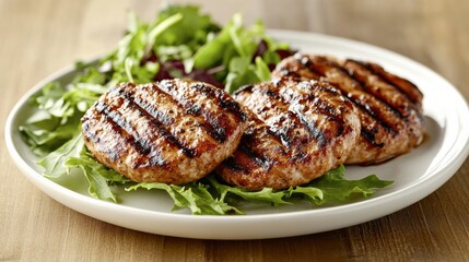 A plate of grilled turkey patties served with a side of mixed greens