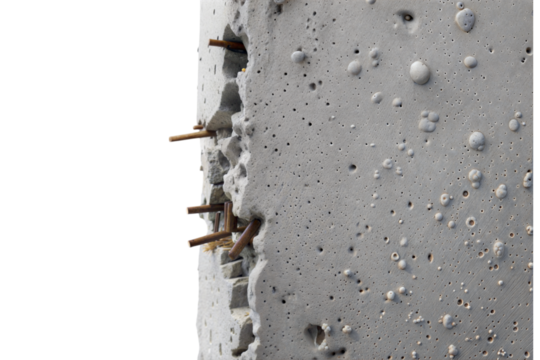 Close-up view of urban concrete wall construction in an industrial environment, isolated on white or transparent background
