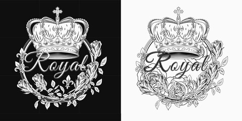 Circular black and white label with imperial crown, fleur de lis sign, roses, text Royal. Detailed composition in vintage style. © OA_Creation