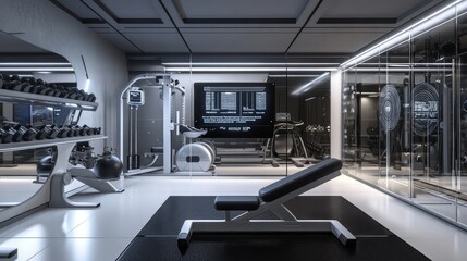 Fototapeta premium Futuristic gym interior featuring sleek equipment, digital displays, and modern design