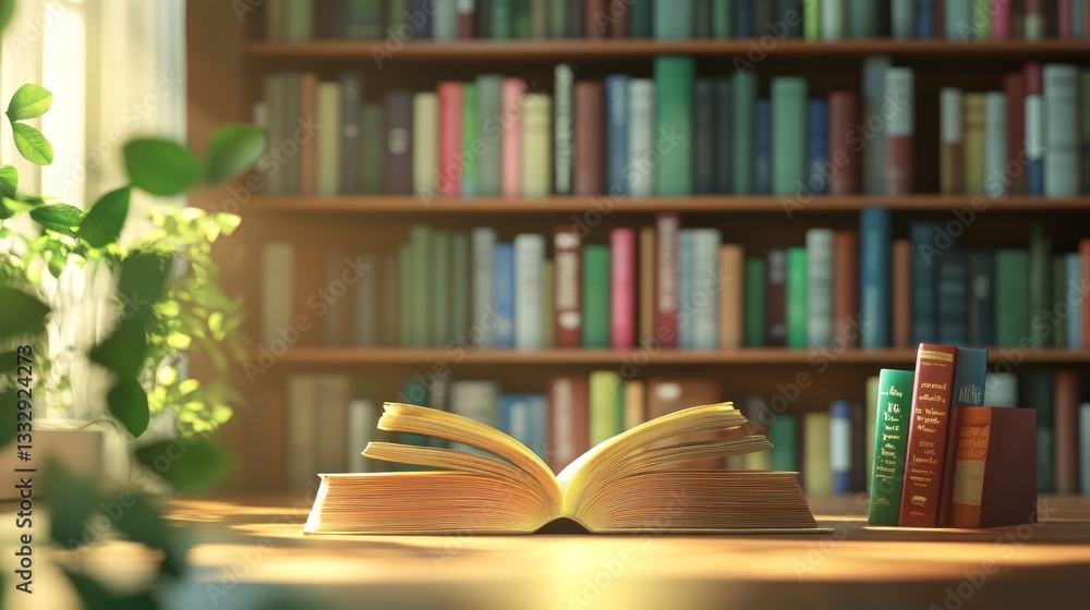 Poster open book on table with library bookshelf background in soft light