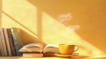 Naklejka premium Reading with Hot Tea Book Stack and Sunlight Creates Cozy Scene