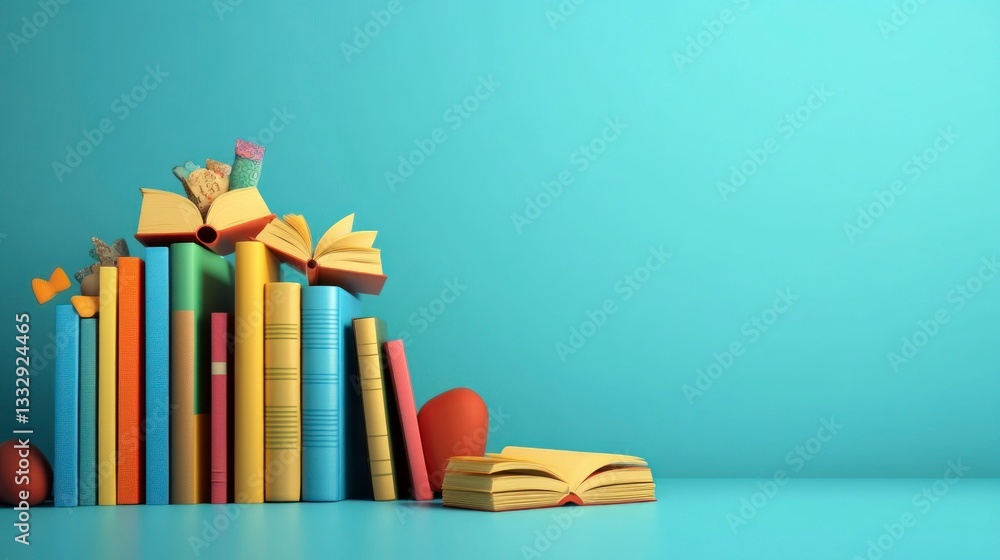 Poster stack of colorful books with open pages on blue background