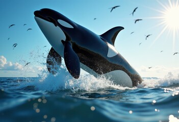 Fototapeta premium majestic orca breaching ocean waves nature wildlife marine life, sea, water, splash, coast, animals, ecosystem, sunset, movement, dolphin, flippers