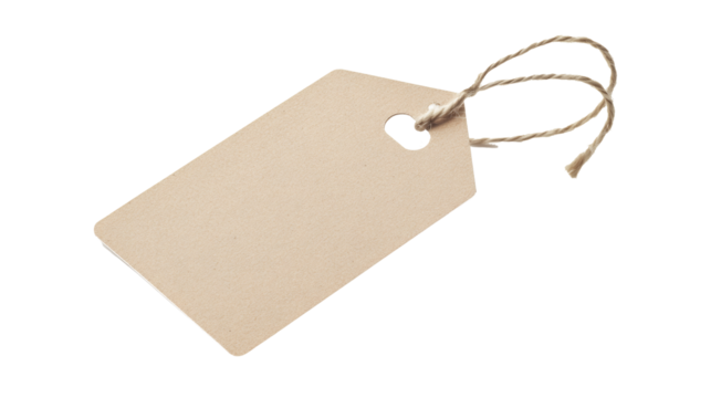 Blank 3D kraft tag tied with twine, isolated on white background. Empty shopping tag template with clipping paths.