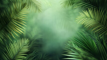 Lush Palm Leaves in Tropical Forest Background with Soft Green Light