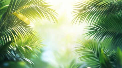 Naklejka premium Palm Leaves Framing Bright Light Creating Tropical Forest Background Image