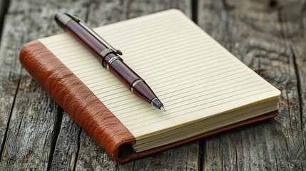 Brown pen rests on a lined notebook, on weathered wood surface