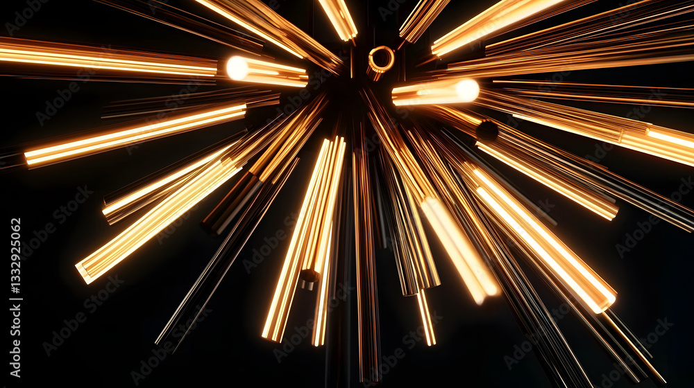Aufkleber 22h 3d rendering of a ceiling lamp in the shape of sun rays made of many 3d strips on a black backgr