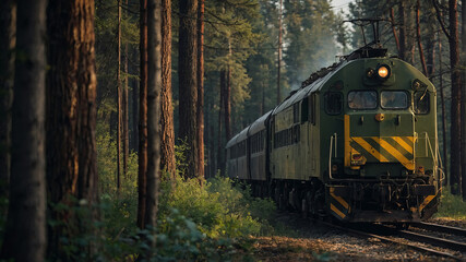 Fototapeta premium Old train travels through dense forest in the early morning light, showcasing lush greenery and tranquility