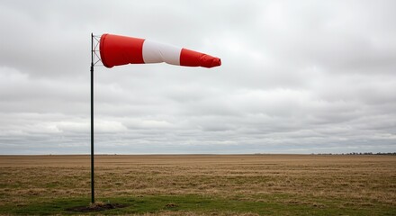 Wind sock fluttering in the breeze over an open field under cloudy skies, symbolizing wind direction and meteorological conditions