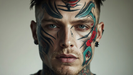 Obraz premium Tattooed man with intricate facial designs poses confidently in neutral lighting