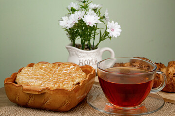 Homemade pastries. Waffle with coffee. Homemade dessert