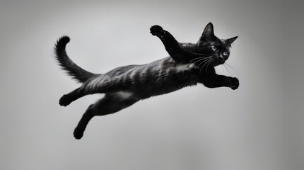 Fototapeta premium Black cat leaps gracefully in midair against a neutral background during indoor playtime