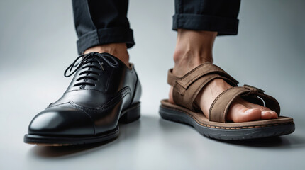 Contrast of summer and formal wear with a dress shoe on one foot and a sandal on the other in a minimalist setting
