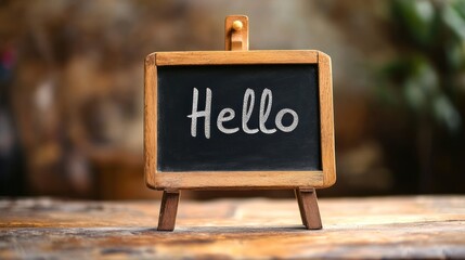 Small wooden easel with chalkboard displaying "Hello".