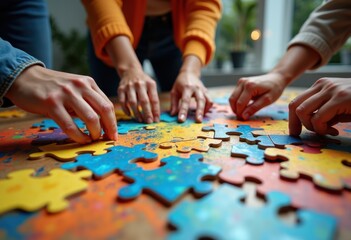 diverse hands collaborating over colorful abstract puzzle pieces interconnected creativity unity teamwork, collaboration, colors, variety, interaction, art