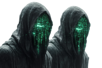 Black hooded hacker with binary code isolated on transparent background