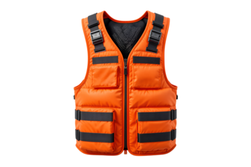 Safety action gear orange life vest for water sports outdoor adventure high visibility, isolated on white or transparent background