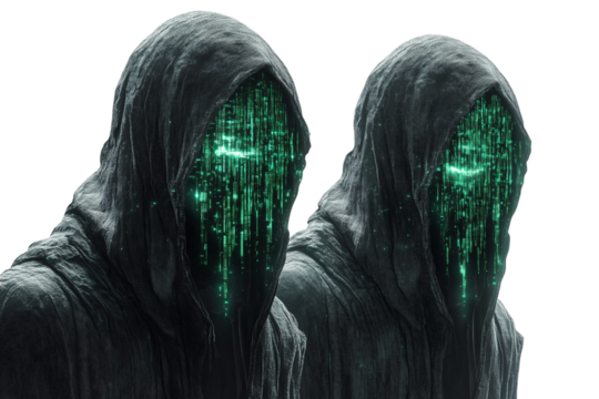 Black hooded hacker with binary code isolated on transparent background