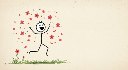 Happy stick figure surrounded by red flowers and petals joyfully celebrating in lush green grass against a soft beige background