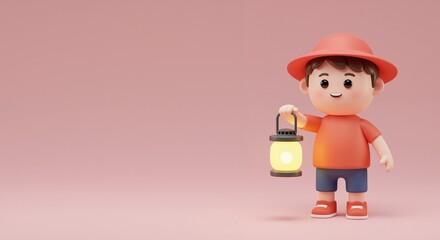 Cheerful child holding a lantern, conveying a sense of joy and anticipation, symbolizing the spirit of community during festive times, against a soft pink background