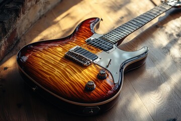 Fototapeta premium Sun-kissed electric guitar resting gracefully on wooden floor with captivating flame finish