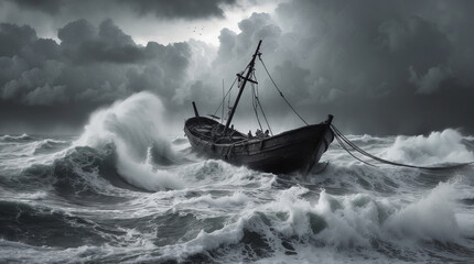 Fototapeta premium Stormy seas with an old fishing boat battling huge waves during a dark overcast sky