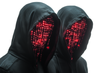 Black hooded hacker with binary code isolated on transparent background