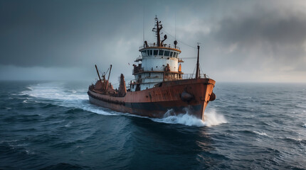 Fototapeta premium Tugboat navigates choppy waters under a moody sky in the early morning light