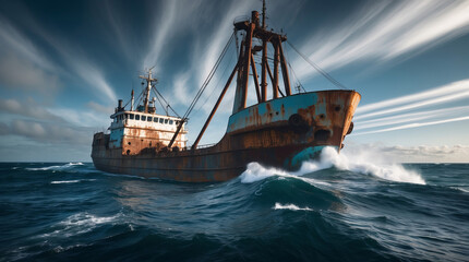 Obraz premium Rusty fishing vessel navigates turbulent waters under dramatic skies during a stormy day
