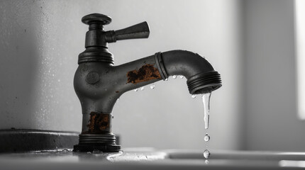 Rusty faucet dripping water in a minimalistic bathroom setting during daylight